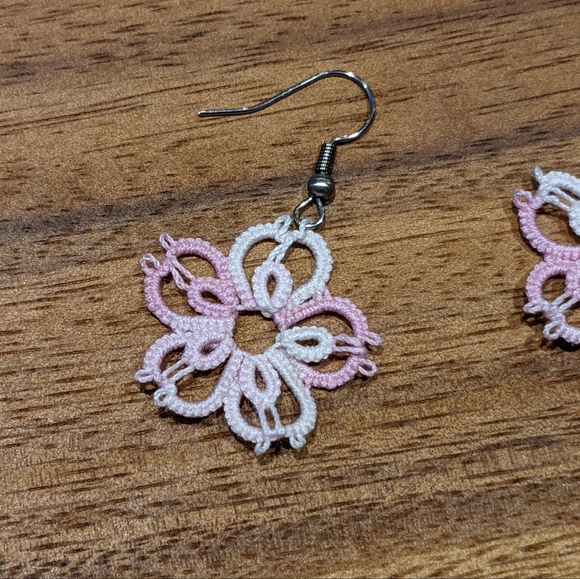 NEW Artisan Handcrafted Tatted Lace Sakura Blossom Earrings; Handmade - Picture 2 of 3
